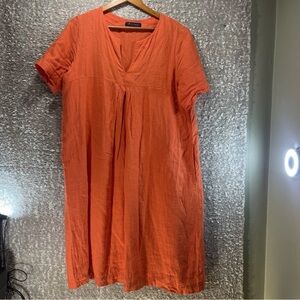 Va Bene Dress Women’s 42 Coral Orange 100% Linen Made In Italy Pockets Bohemian